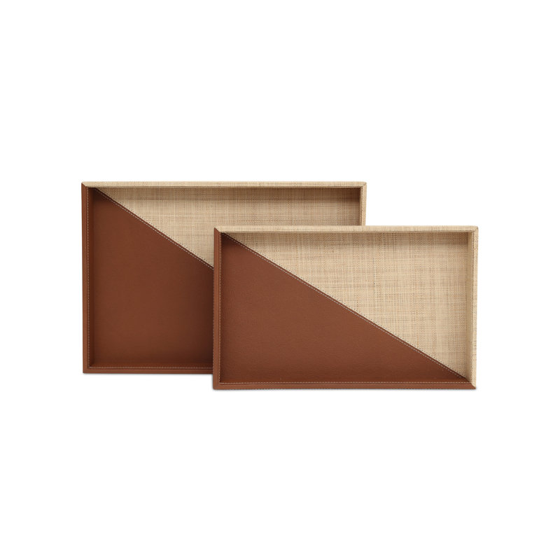 Leather & Raffia Tray Set Of 2