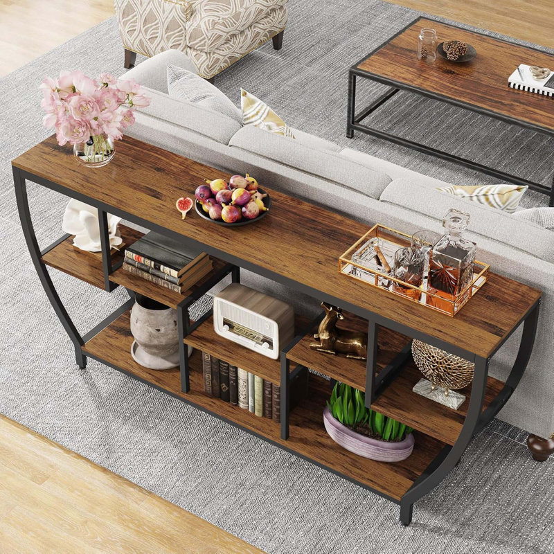 70.9" Industrial Console Sofa Table With 7-Tier Storage Shelves For Living Room, Hallway, Or Foyer