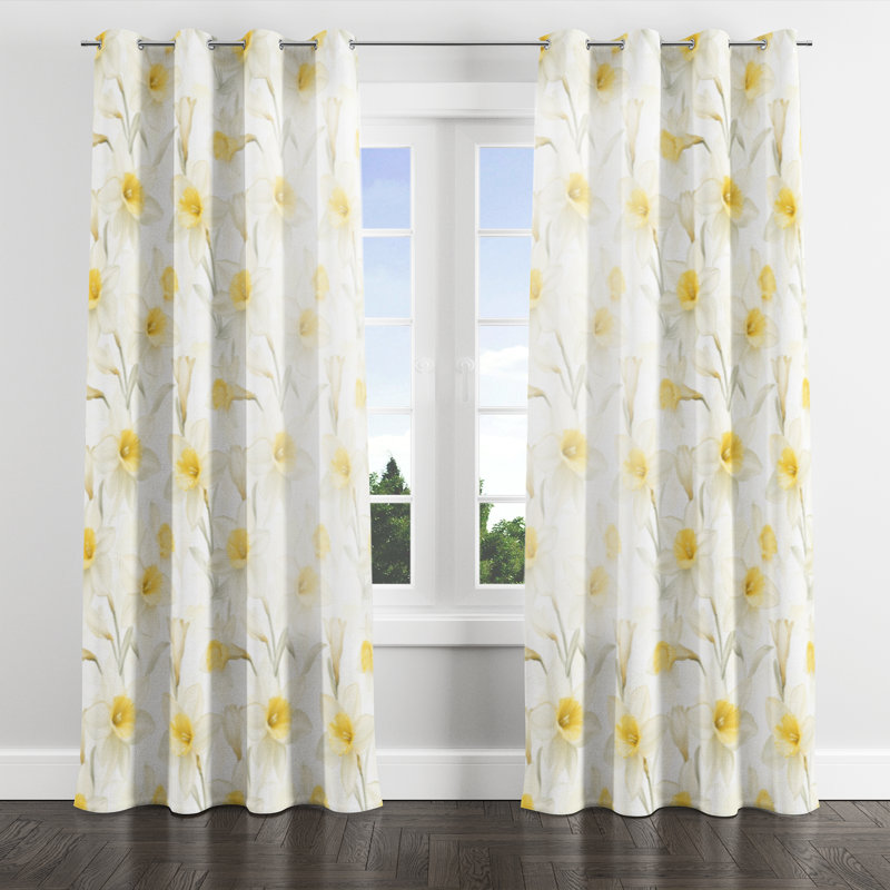 Floral Room Darkening Curtains - French Country Soft Daffodils Grommet Curtain - 1 Panel, 52" W x 84" L, Silver Grommets