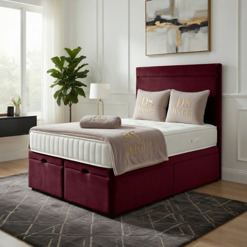 Upholstered Ottoman Bed, King, Maroon