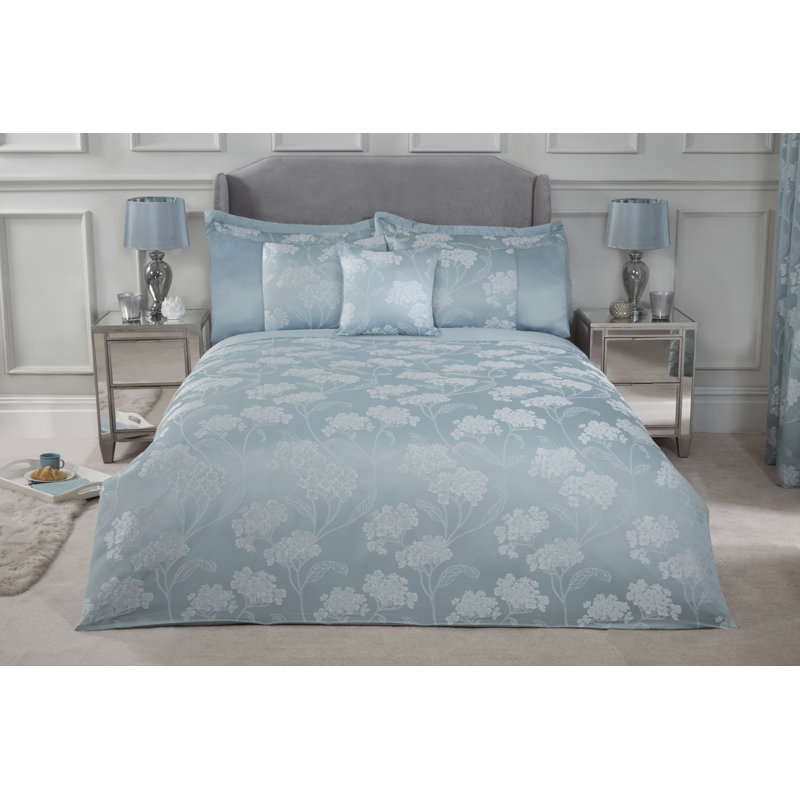Blossom Satin Floral Bedding with Pillowcases Included, Duck Egg, Double