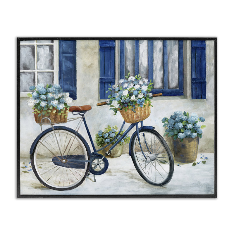 Vélo et maison de campagne, estampe numérique, design par Nan, H 16 po x l 20 po, Giclée encadrée noir minuit