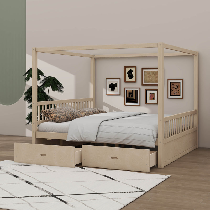 King-Sized Wooden Four-Poster Bed Equipped With Storage Drawers, Natural, King
