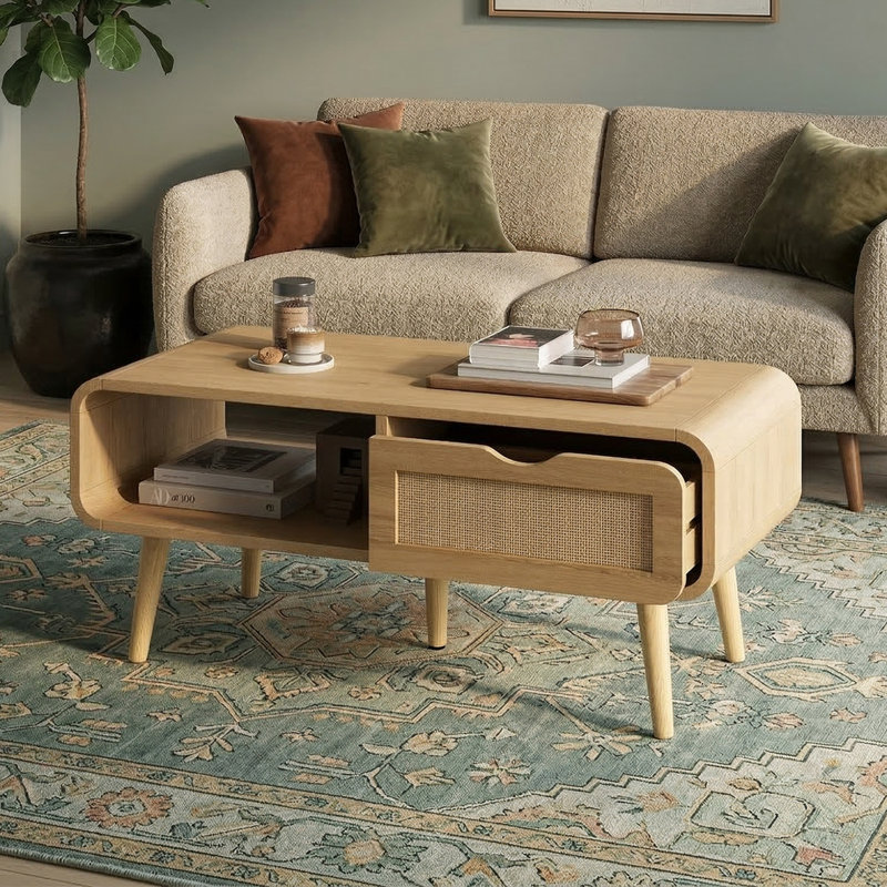 Table basse de 40,4 po en chêne naturel avec tiroir en rotin - Table centrale avec rangement ouvert et pieds en bois massif