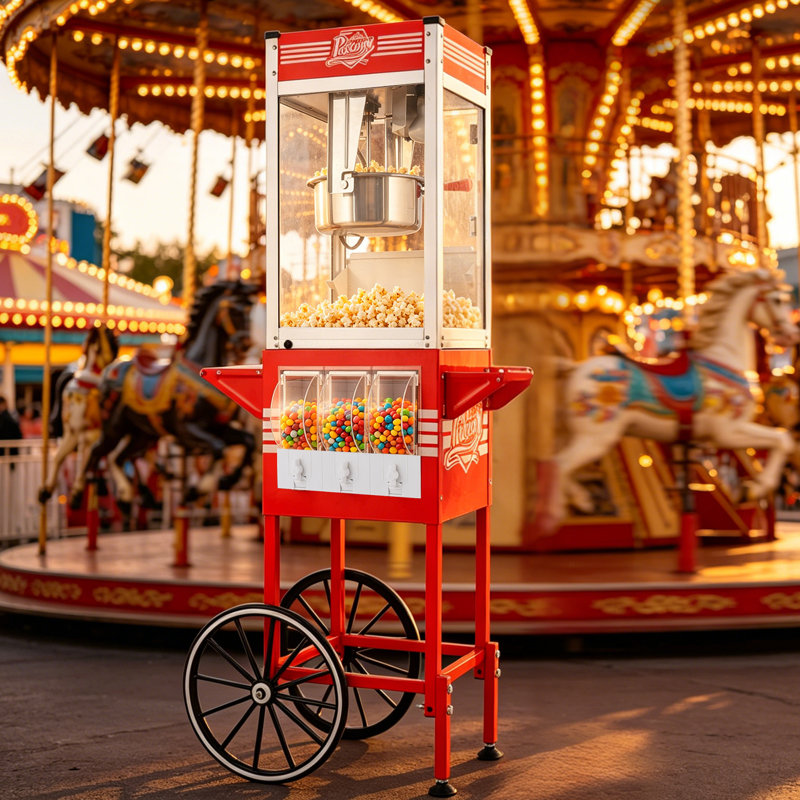 Machine à maïs soufflé 12 oz avec chariot à bonbons, machine à maïs soufflé de style rétro pour les réunions de famille et les réceptions