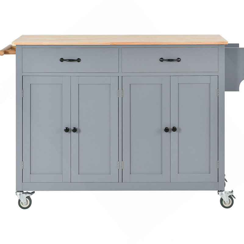 Kitchen Island Cart With Solid Wood Top And Locking Wheels, 4 Door Cabinet And Drawers, Blue