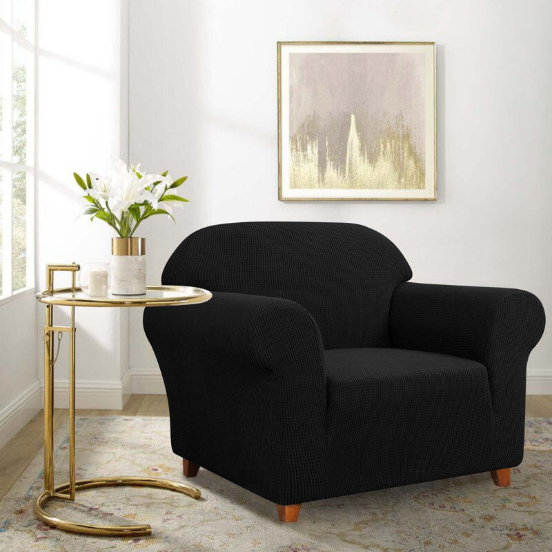 Jacquard Spandex Stretch Box Cushion Sofa Slipcover, Black