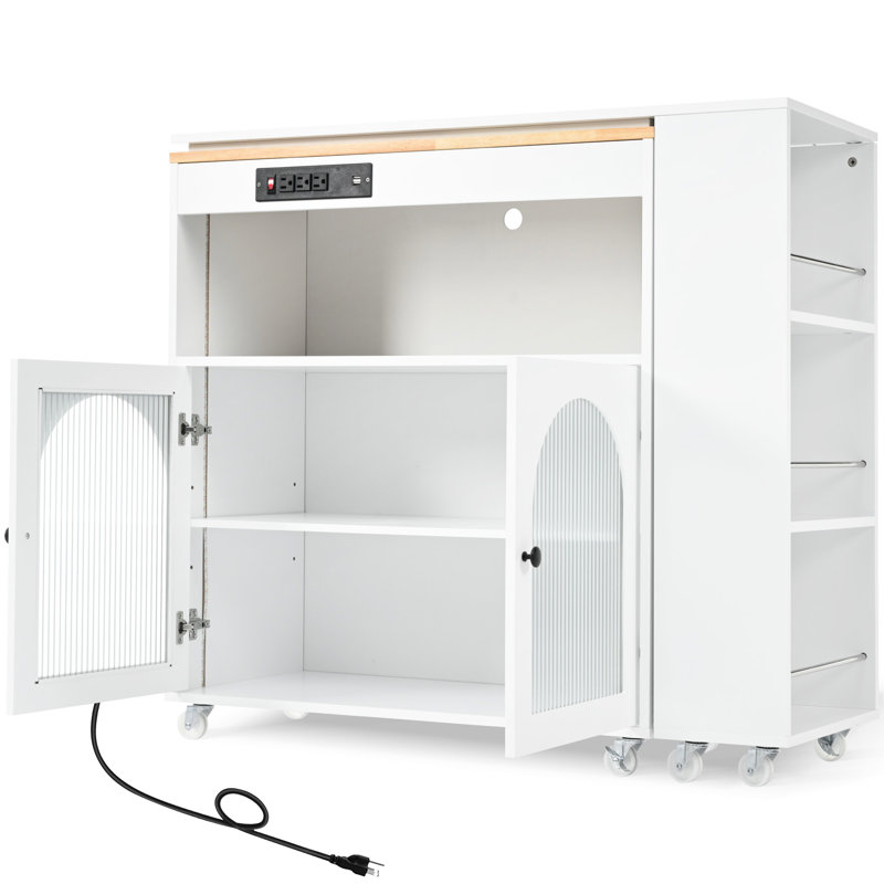 Kitchen Island With Storage Compartment & Open Shelves, Led Lights, White, Easy Assembly Modern Power Outlets, Functional Options