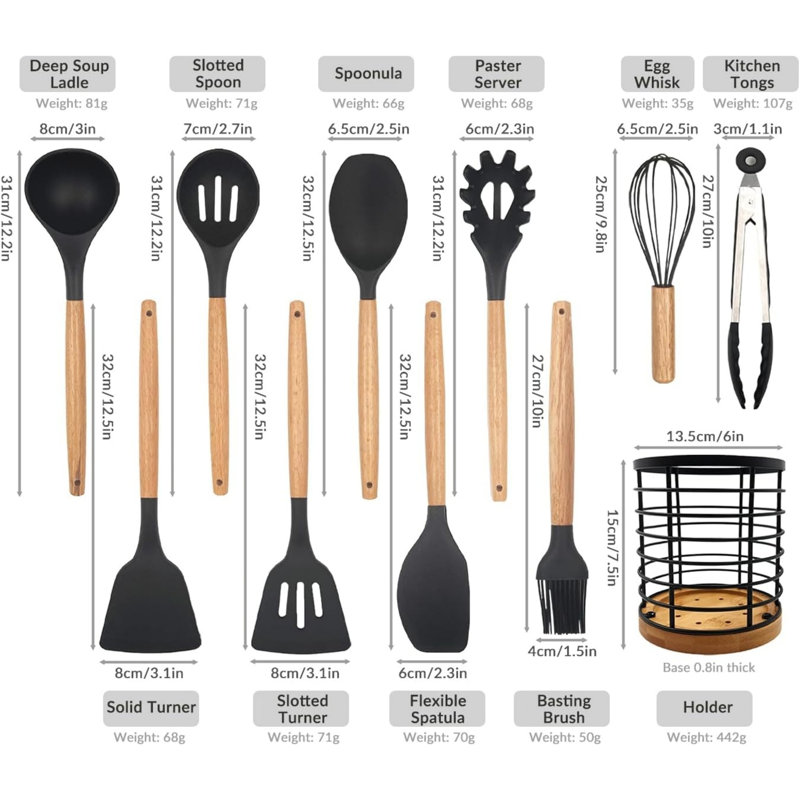 12 Pcs Silicone Kitchen Utensil Sets, Wooden Handle Cooking Utensils Set with Utensil Holder