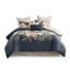Édredon 8 pièces pour très grand lit - Bleu marine avec imprimé floral 2 taies décoratives européennes, coussins et jupe de lit