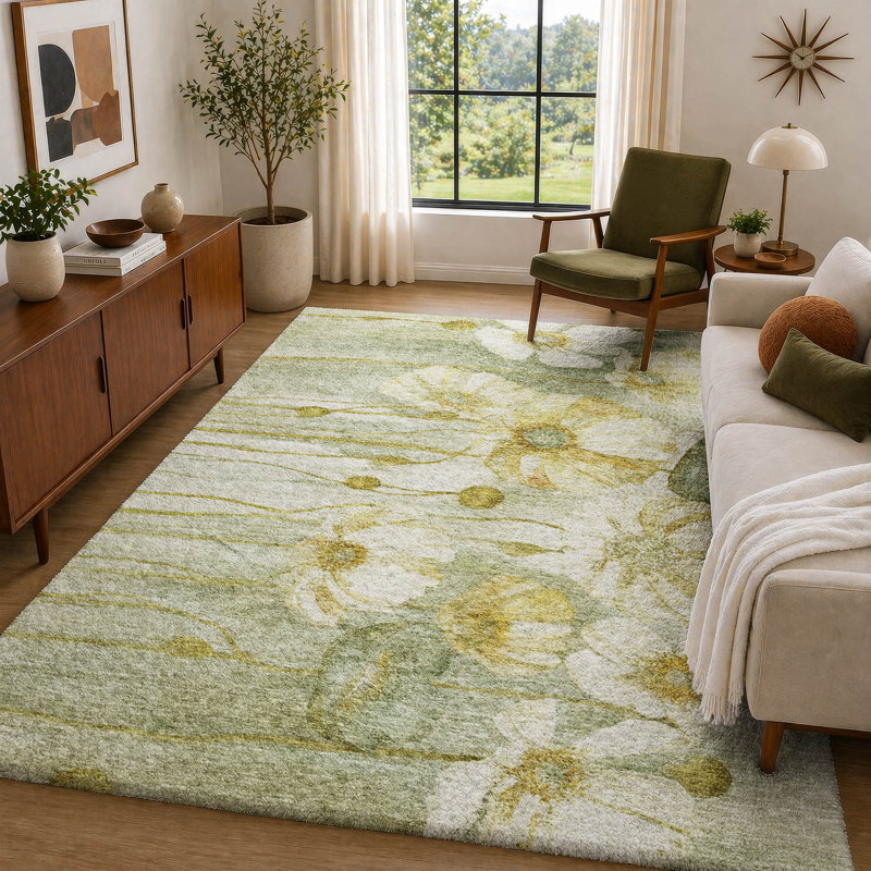 Tapis floral à poils longs de qualité supérieure lavable à la machine ADS712, Sauge, 5 pi x 7 pi 6 po