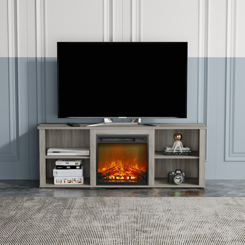 Meuble télé 58,6 po avec foyer électrique de 18,1 po pour téléviseur de 65 po ou moins, 4 compartiments de rangement ouverts