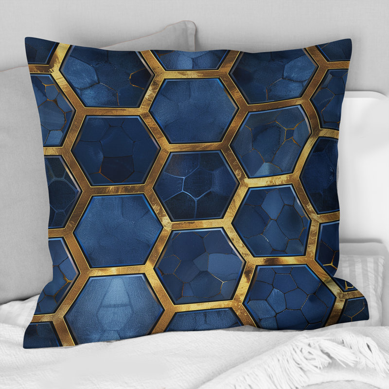 Imprimé hexagonal bleu doré - Coussin moderne, H 16 po x l 16 po