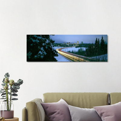 Autumobile Lights On Busy Street, Distant City Lights, Frozen Westchester Lagoon, Anchorage, Alaska, USA - Wrapped Canvas Panoramic Print
