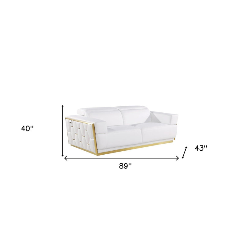 89" White And Silver Leather Sofa
