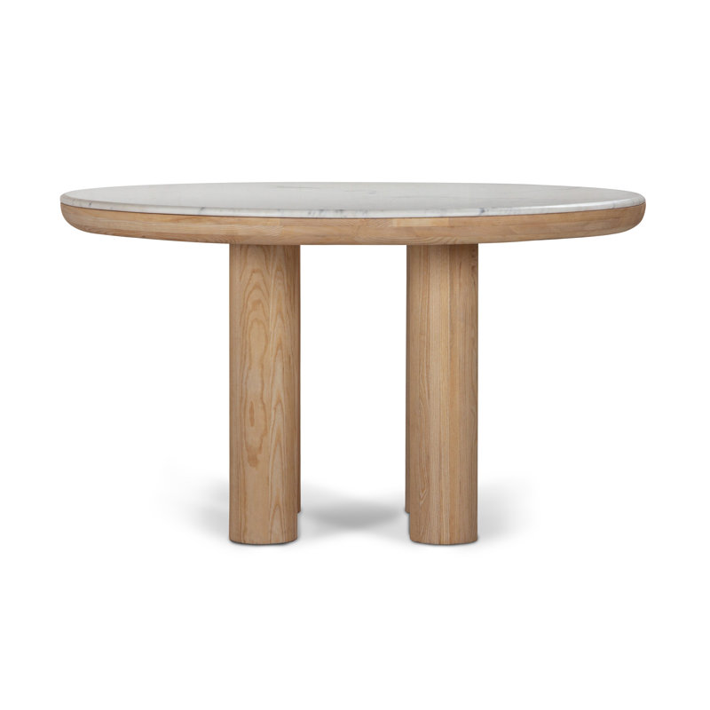 Round White Marble Top Dining Table with Solid Wood Base