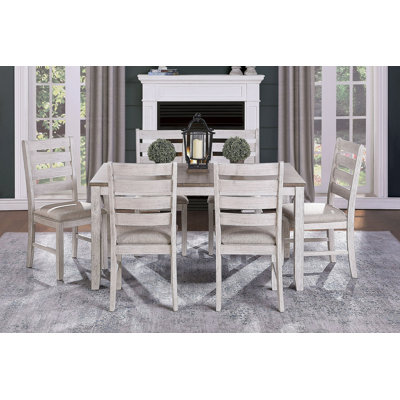Grayish White and Brown Finish Casual Dining Room Furniture 7pc Dining Set Rectangular Wooden Table and 6x Side Chairs Fabric Upholstered Seat