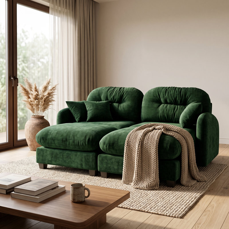 Canapé modulaire minimaliste en chenille plissée avec 2 poufs, canapé 2 places en forme de U, vert, 2 sièges + 2 repose-pieds