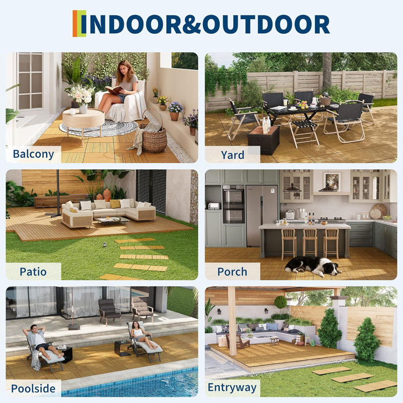 Carreaux de terrasse en bois d'acacia, 12 po x 12 po, emboîtables, Bois jaune, 33