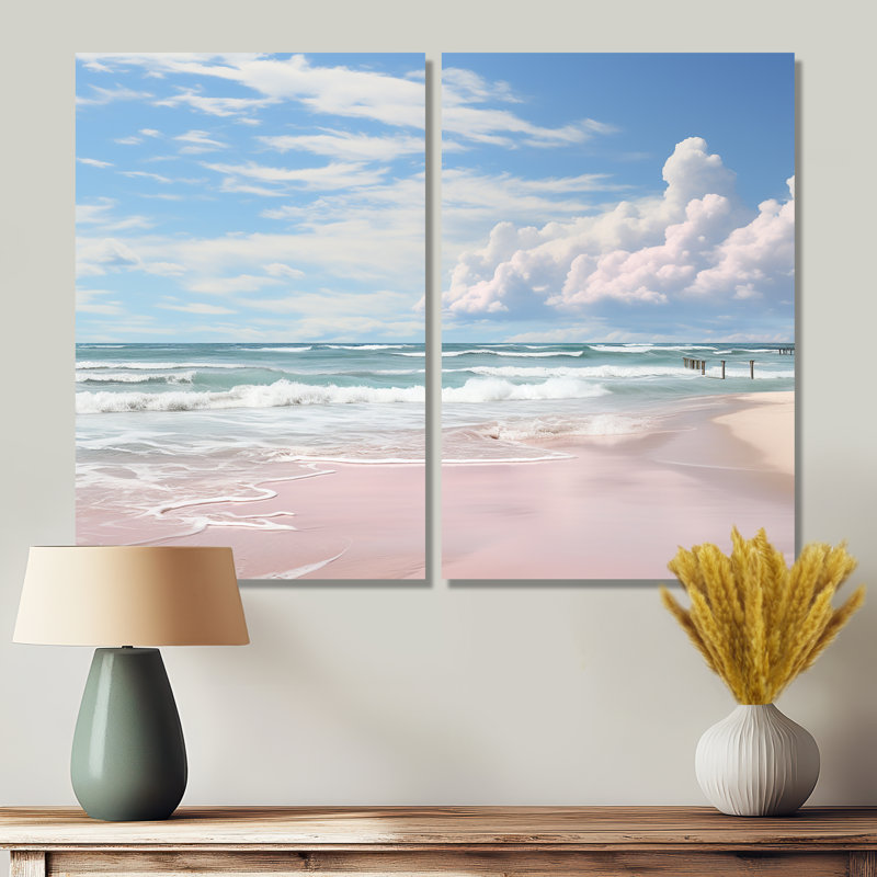 «Pink Minimalisme Beach Landscape III» - impressions nautiques sur toile 2 panneaux, H 36 po x l 48 po, Toile tendue
