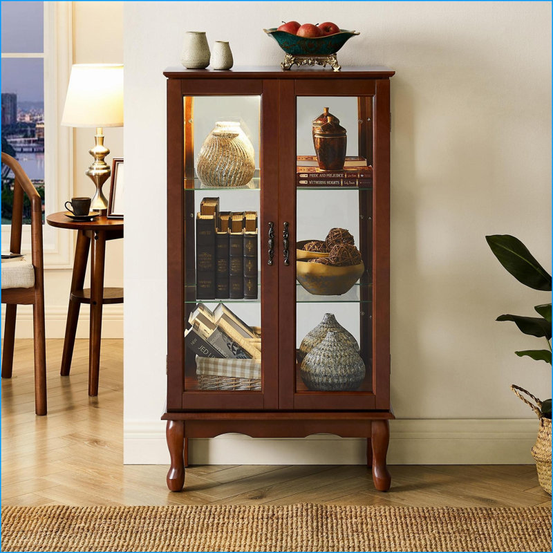 Cabinets | Walnut Brown Lighted Corner Curio Display Cabinet with Adjustable Shelves &amp; Mirrored Back | Traditional | Living Room