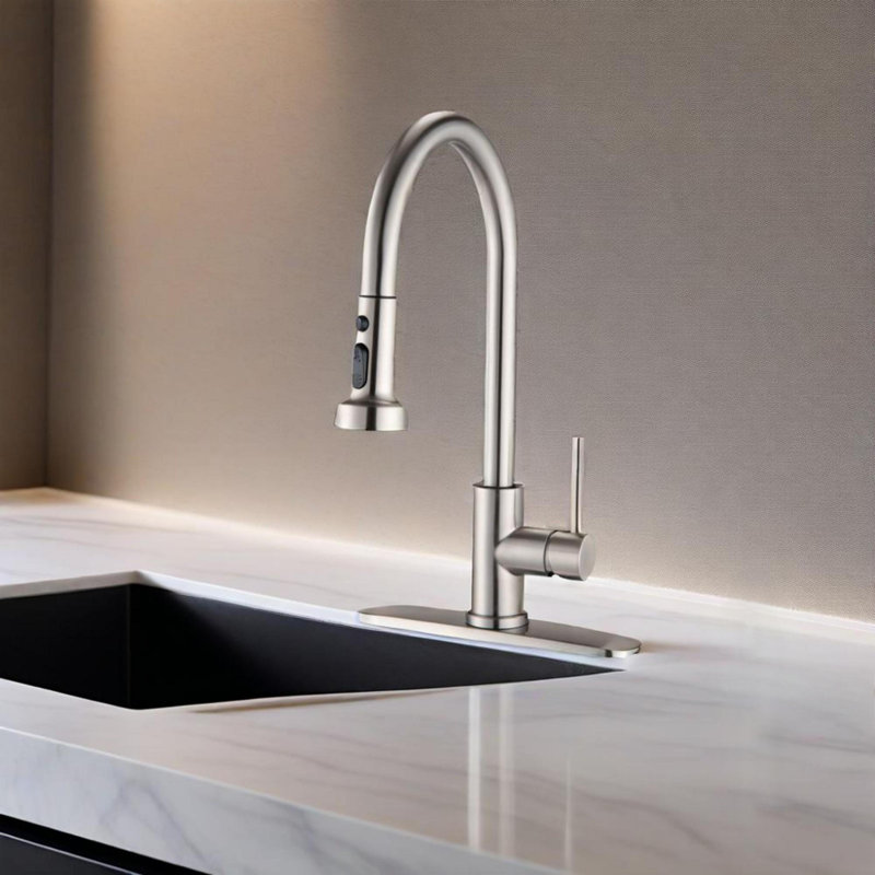 Robinet de cuisine rétractable avec douchette , Nickel brossé