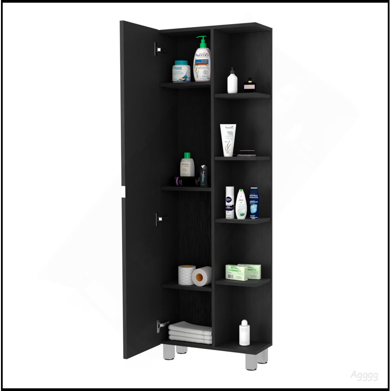 Armoire à linge miroir Urano, quatre tablettes intérieures, cinq tablettes extérieures - noir, Noir