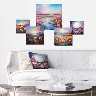 Thistle Flower Field Sunset - ensemble d'art mural 6 fleurs
