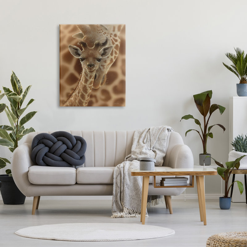 32_, "Girafe de bébé avec mère, motif de safari sur toile tendue" par Collin Bogle, H 40 po x l 30 po, Plaque de bois