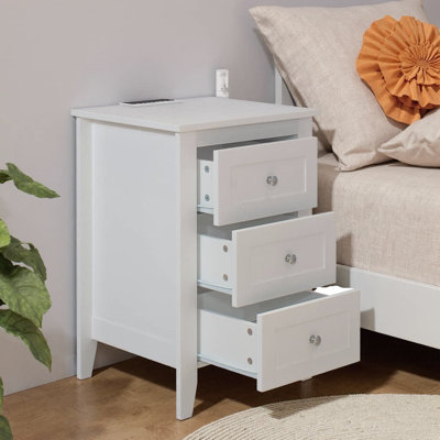 Mid-Century Fluted Nightstand with Charging Station, 2 USB Ports & 2 Outlets, 1 Drawer & Open Shelf, Solid Wood Legs