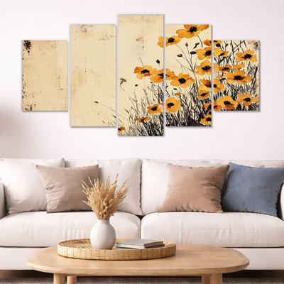 Watercolor Spring Buttercups Filed - Buttercups Wall Décor 5 Panel