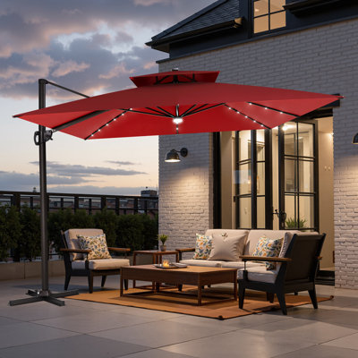 Parasol en porte-à-faux de patio carré 11 pi 11 pi avec lumières à DEL solaires, base lestée non incluse