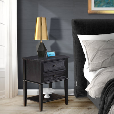 Valencia Side Table - Rectangle Night Stand with 2 Drawers for Bedroom, Wire brushed Black