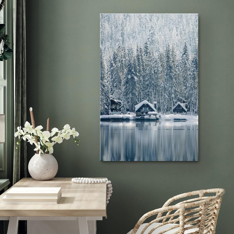 Paysage naturel «Woodland Lake House Winter Trees Forest» sur toile, H 36 po x l 24 po