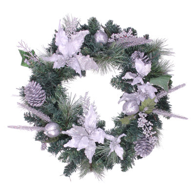 White Poinsettia and Pine Cone Artificial Christmas Wreath - 24-Inch Unlit