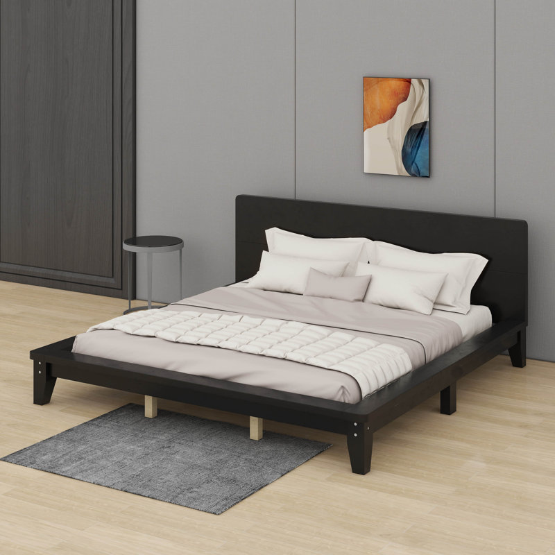 Lit plateforme en bois avec tête de lit, aucun sommier requis, support de lattes de bois, Noir, Très grand lit