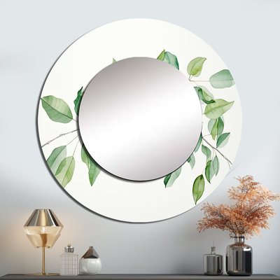 Green Leaves Scenery Minimalisme - miroir mural décoratif à feuilles, miroir rond traditionnel, impression d'art en métal