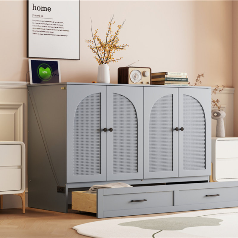  Grand lit escamotable avec grands tiroirs, Gris, Lit double