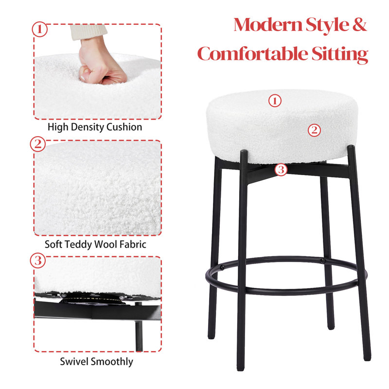 Ensemble de 4 tabourets de bar pivotants de 24 pouces avec siège en molleton noir, Blanc, 4