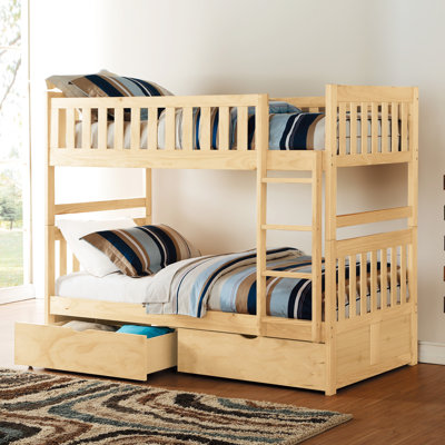 Twin Over Bunk Bed In Natural Pine Finish, With Storage Boxes And , For Bedroom, Top Guard Rails, Under , No Box Spring Needed, Each Holds 300Lbs Featuring Youth Spring, Weight Capacity