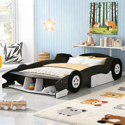 Lit plateforme en forme de voiture de course avec roues, durable et sécuritaire pour les chambres d'enfants, disponible en plusieurs tailles et couleurs