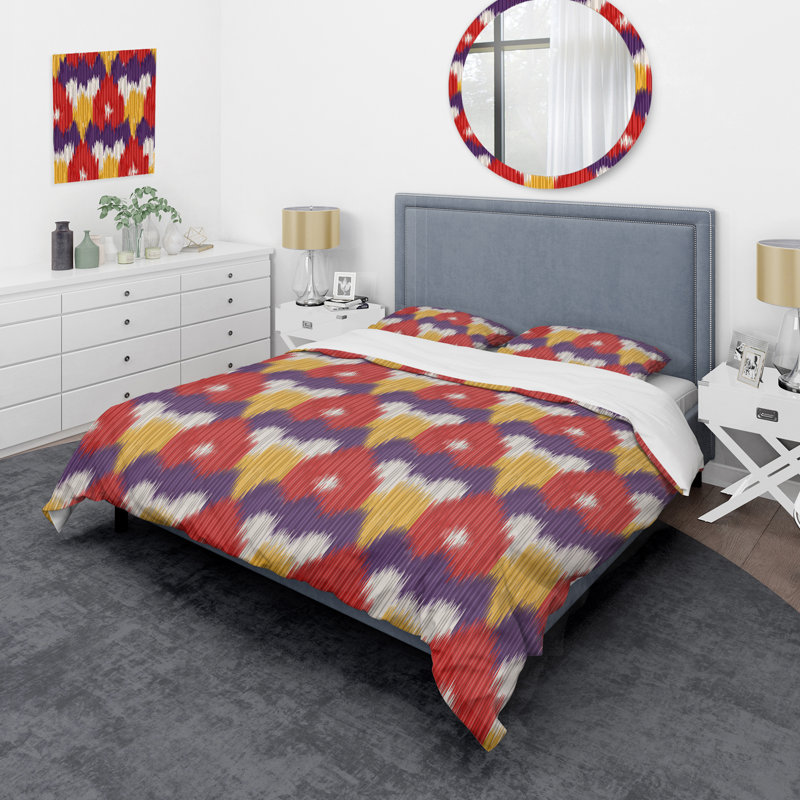 Ensemble de housse de couette à motif ikat rouge et jaune Ogee, Housse de couette pour très grand lit et 2 très