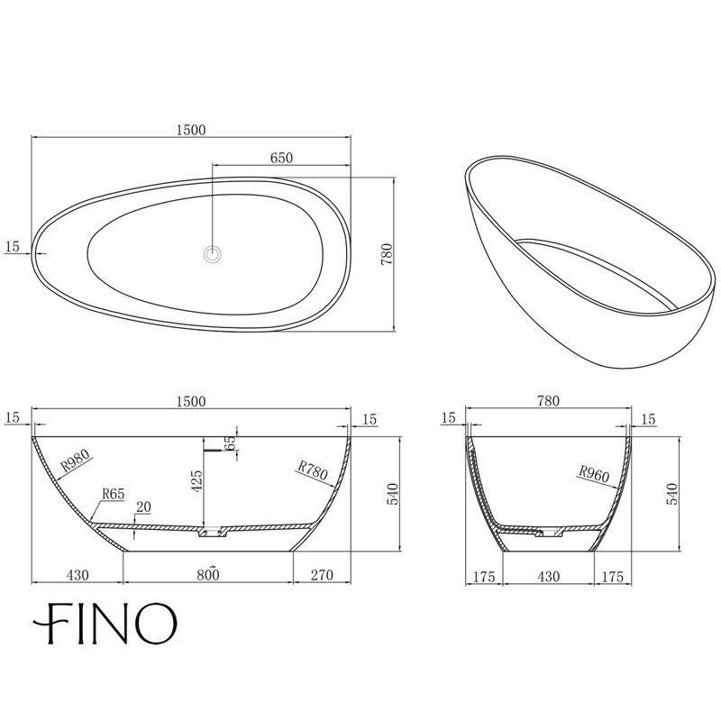 1500mm x 780mm Freestanding Stone Bathtub