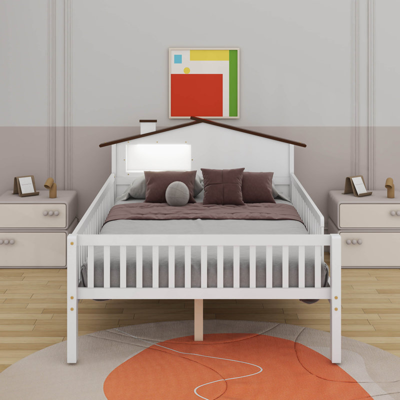 Lit plateforme en bois avec tête de lit en forme de maison, rangement intégré et DEL, Lit double, Blanc