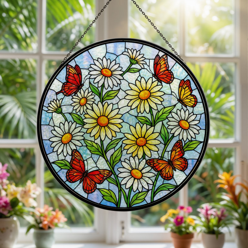 Panneau de vitrail papillon 7,8 "H Daisy, H 7,8 po x l 7,8 po