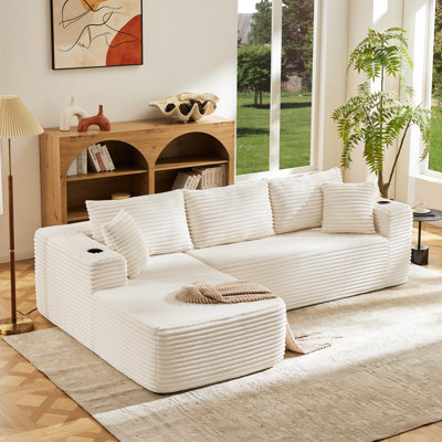 L-Shaped Modular Sectional Sofa with Chaise, 2-Piece Plush Corduroy Couch with Cup Holders, Beige