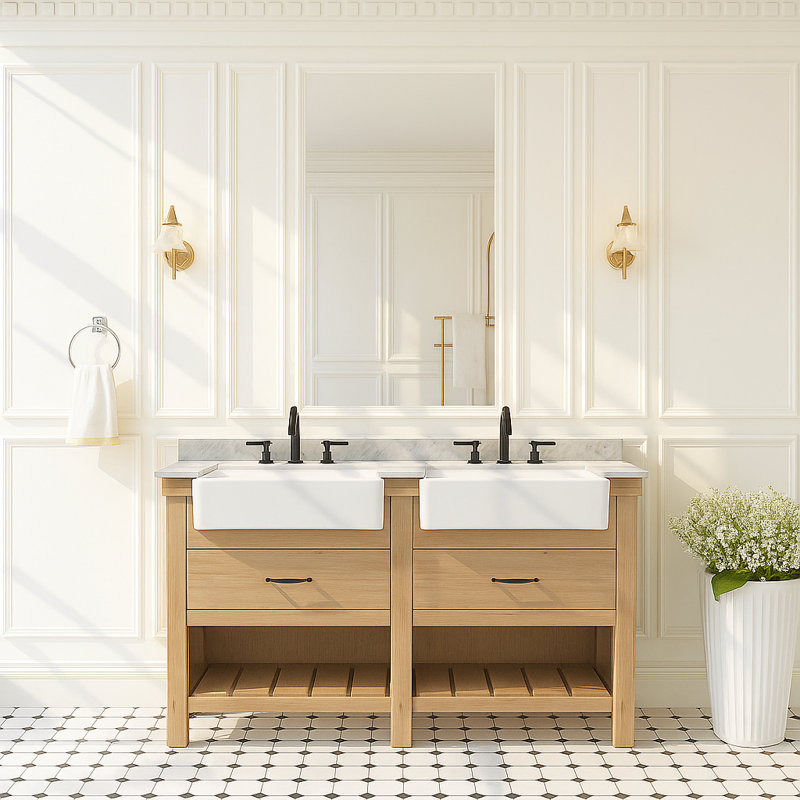 Maxbano Farmhouse 60" Double Bathroom Vanity with Stone Sink, Oak