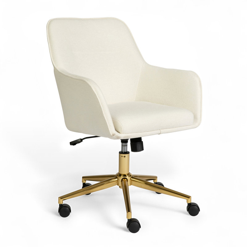 Martha Stewart Rayna Upholstered Swivel Home Office Chair with Flared Arms, White, Polished Brass, Fabric