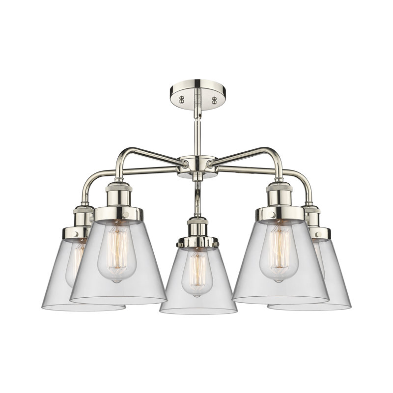 Cone 5 Light Stem Hung Chandelier, Clear, Polished Nickel