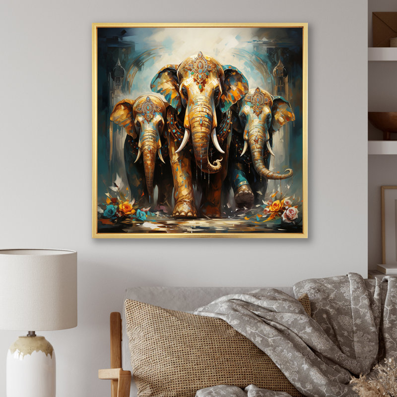 Art asiatique, éléphants thaïlandais X - Art mural asiatique, Cadre flottant doré, H 36 po x l 36 po x P 1,5 po